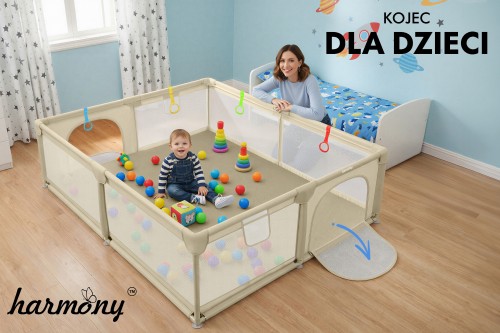KOJEC DZIECIĘCY 150x180 cm PLAC ZABAW SUCHY BASEN + UCHWYTY I 50 PIŁEK BEŻOWY