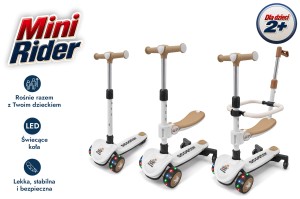 HULAJNOGA TRÓJKOŁOWA BALANSOWA Z SIEDZISKIEM BARIERKĄ I PCHACZEM MINI RIDER 5W1 BEŻOWA