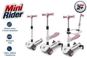 HULAJNOGA TRÓJKOŁOWA BALANSOWA Z SIEDZISKIEM BARIERKĄ I PCHACZEM MINI RIDER 5W1 RÓŻOWA