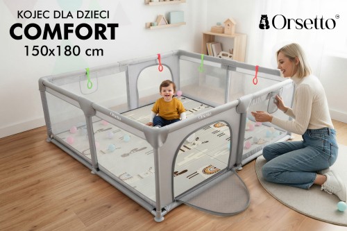KOJEC DZIECIĘCY Z MATĄ PIANKOWĄ 150x180 cm PLAC ZABAW SUCHY BASEN + UCHWYTY I 50 PIŁEK