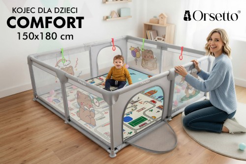 KOJEC DZIECIĘCY Z MATĄ PIANKOWĄ 150x180 cm PLAC ZABAW SUCHY BASEN + UCHWYTY I 50 PIŁEK