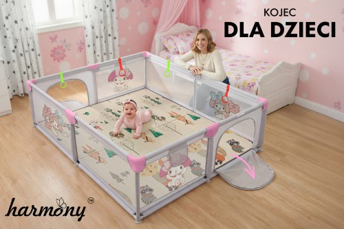 KOJEC DZIECIĘCY Z MATĄ PIANKOWĄ 150x180 cm PLAC ZABAW SUCHY BASEN + UCHWYTY I 50 PIŁEK