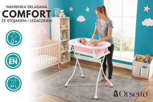 SKŁADANA WANIENKA COMFORT ZE STOJAKIEM I LEŻACZKIEM ORSETTO RÓŻOWA + POLEWACZKA
