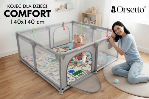 KOJEC DZIECIĘCY Z MATĄ PIANKOWĄ 140x140 cm PLAC ZABAW SUCHY BASEN + UCHWYTY I 50 PIŁEK