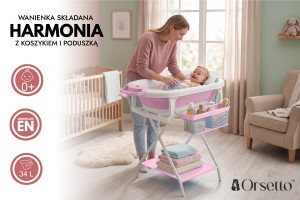 SKŁADANA WANIENKA HARMONIA ZE STOJAKIEM ORGANIZEREM I PODUSZKĄ DLA DZIECI 0+ ORSETTO RÓŻOWA