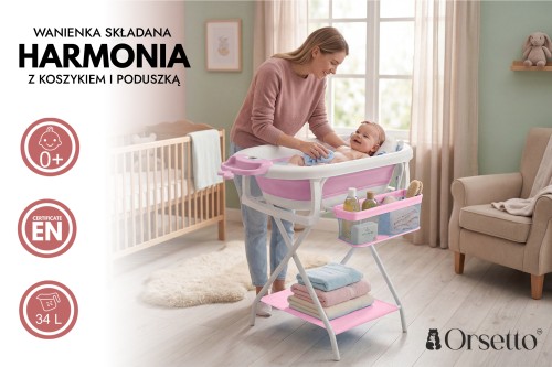SKŁADANA WANIENKA HARMONIA ZE STOJAKIEM ORGANIZEREM I PODUSZKĄ DLA DZIECI 0+ ORSETTO RÓŻOWA