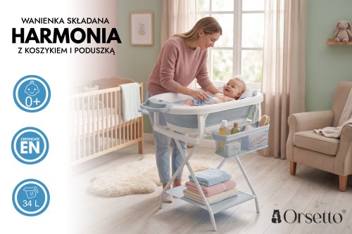 SKŁADANA WANIENKA HARMONIA ZE STOJAKIEM ORGANIZEREM I PODUSZKĄ DLA DZIECI 0+ ORSETTO SZARA