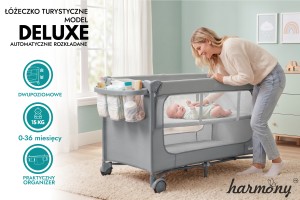 ŁÓŻECZKO TURYSTYCZNE DELUXE  II-POZIOMOWE HARMONY AUTOMATYCZNIE SKŁADANE Z PRZEWIJAKIEM I ORGANIZEREM SZARE