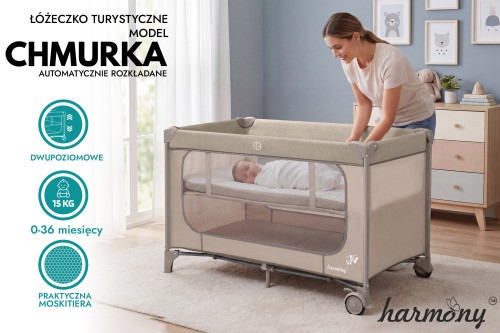 ŁÓŻECZKO TURYSTYCZNE CHMURKA II-POZIOMOWE HARMONY AUTOMATYCZNIE SKŁADANE BEŻOWE